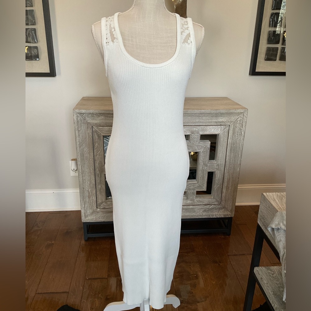 New Michael Kors White Lace top Striped Ribbed Knit Dress ~Size L